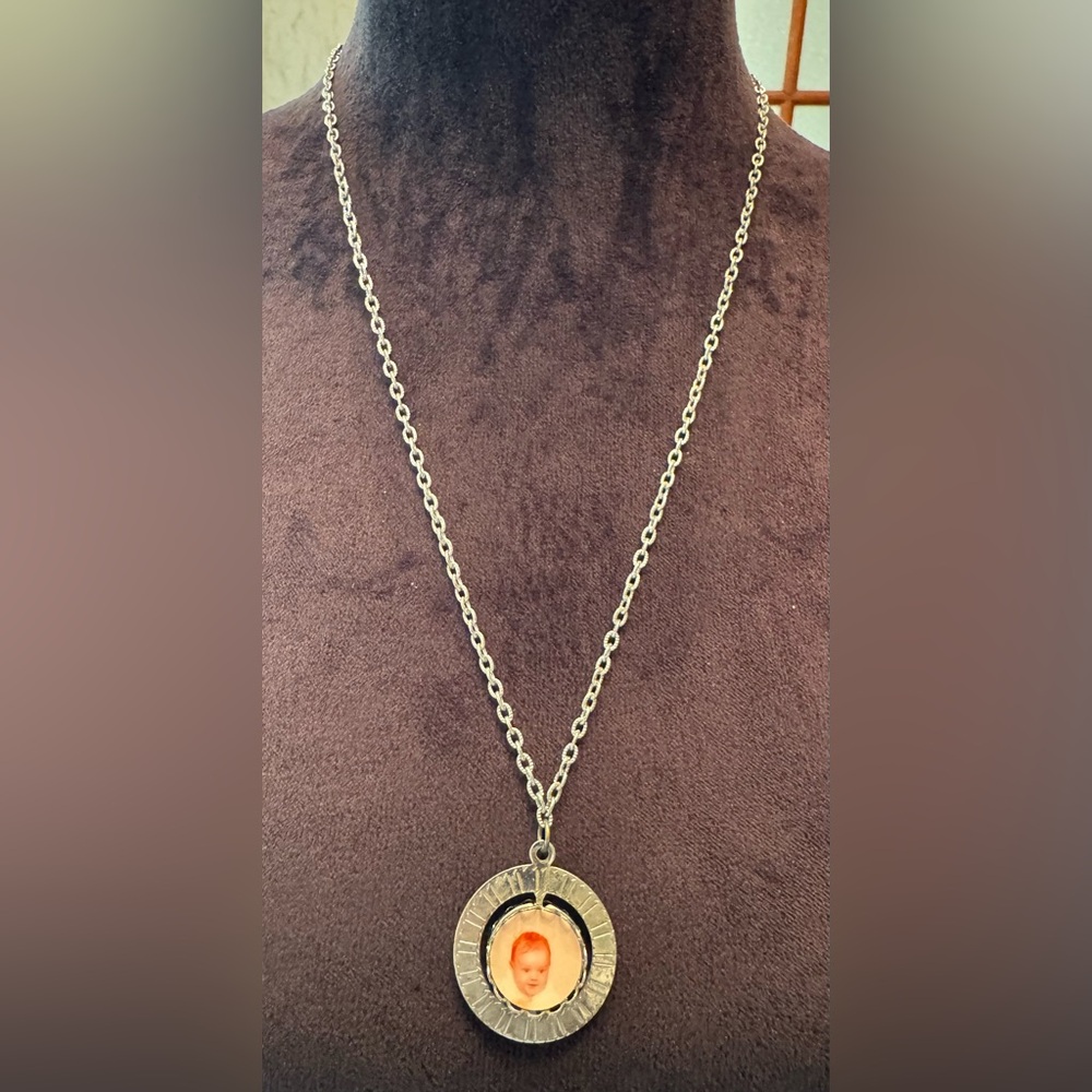 SOLD Vintage Double-Sided Swivel .75” Photo Pendant; Riveted; Original 24” Chain